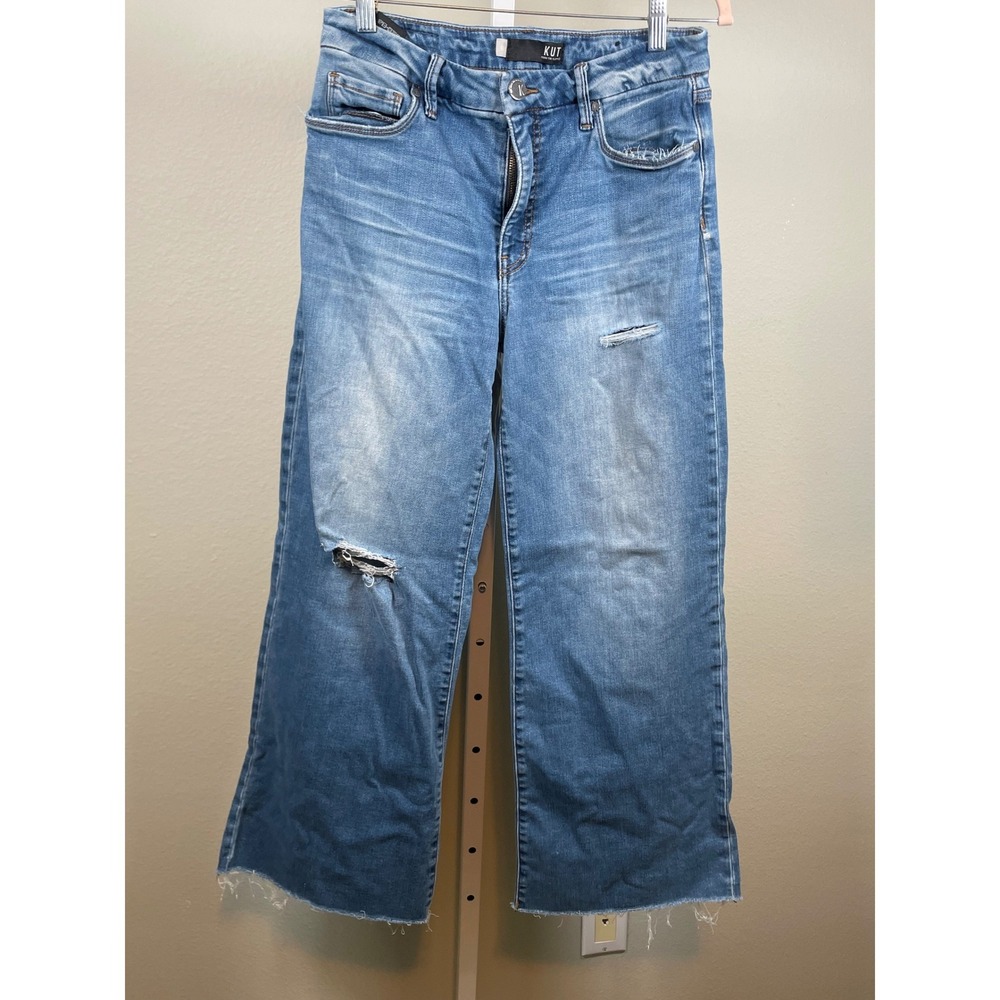 KUT from the Kloth Meg Fab Ab Wide Leg Jeans Women's 6 Blue Distressed‎ Raw Hem